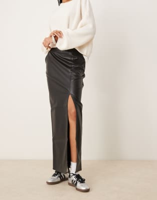 Asos Tall Asos Design Tall Leather Look Maxi Skirt With Side Split In Black