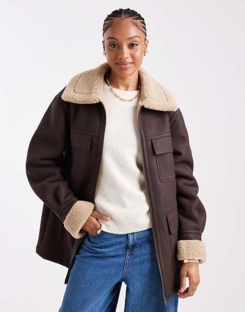 ASOS DESIGN Tall leather look mid length bonded jacket in chocolate - view 1