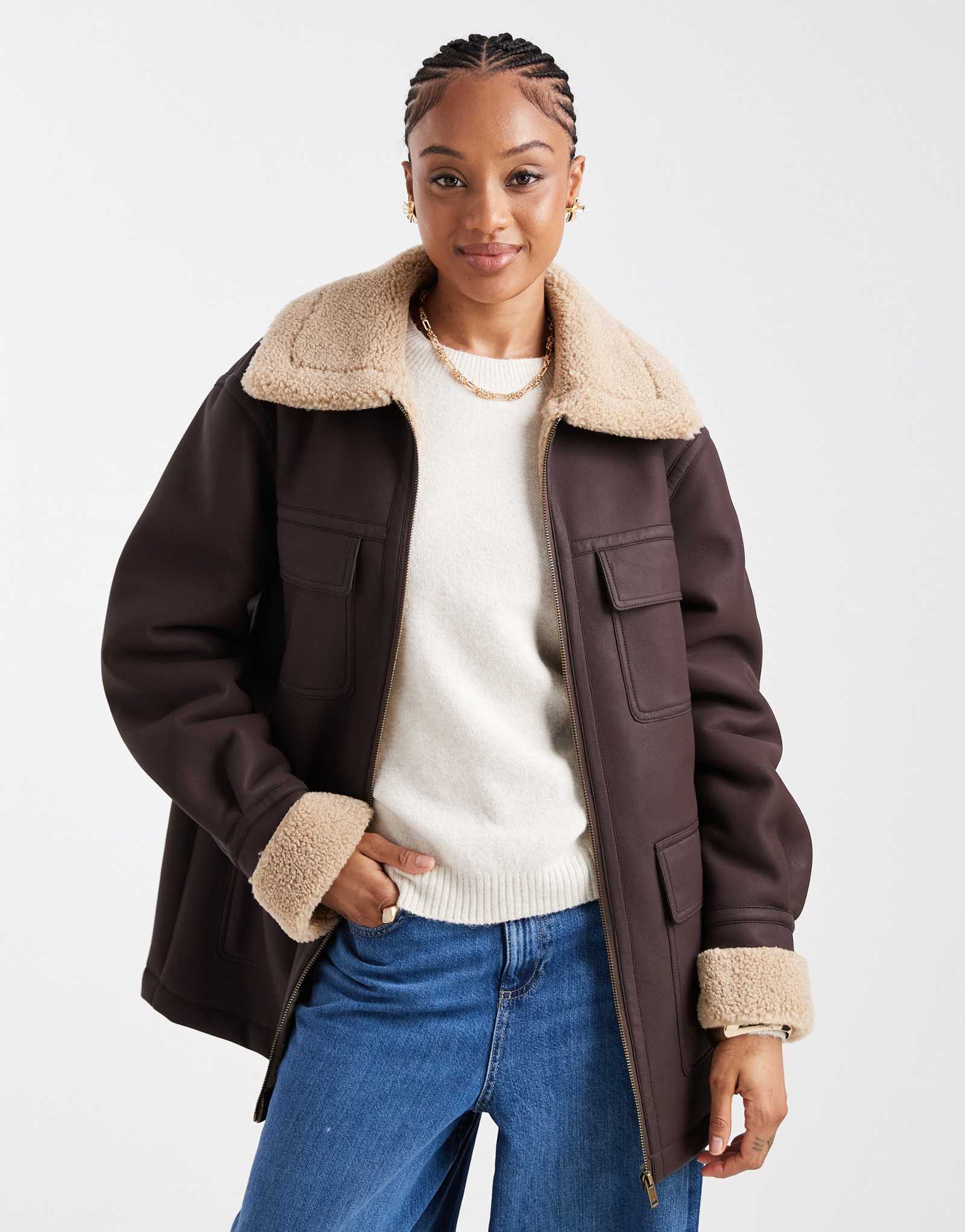 ДИЗАЙНЕРСКАЯ кожаная куртка ASOS Tall средней длины шоколадного цвета