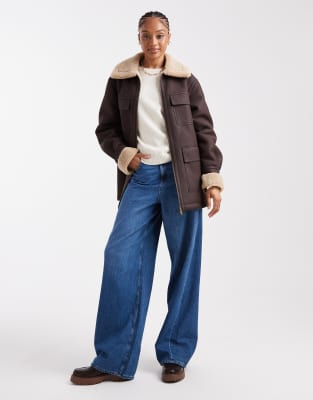 Asos Tall Asos Design Tall Leather Look Mid Length Bonded Jacket In Brown