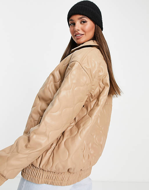 Coats & Jackets Tall leather look quilted bomber jacket in camel 