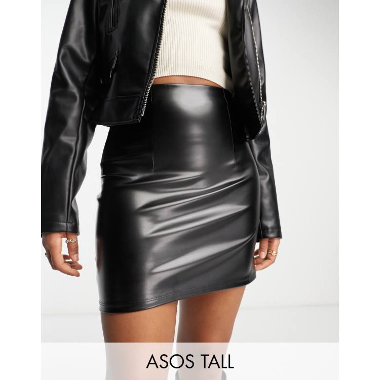 ASOS DESIGN leather look suspender skirt in black