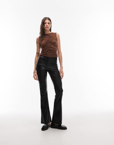 ASOS DESIGN Tall leather look slim flare pants with pintuck in black - view 1