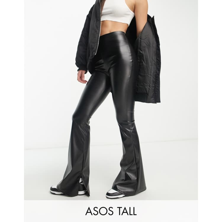 ASOS DESIGN Tall leather look split hem kick flare in black