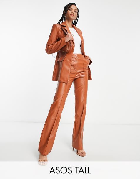 Topshop Tall faux leather wide leg tailored pants in taupe