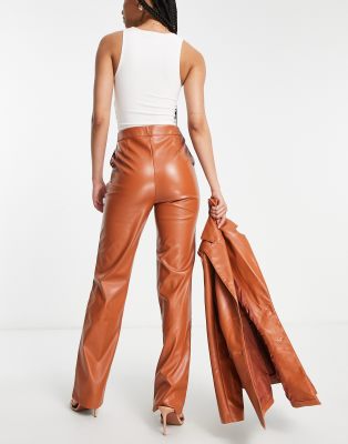 ASOS DESIGN Tall leather look straight pants in rust brown