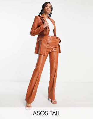 ASOS Tall ASOS DESIGN Tall leather look straight trouser in rust brown
