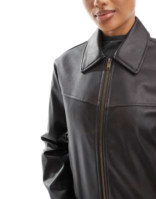 Asos Tall Asos Design Tall Leather Look Top Collar Jacket In Brown