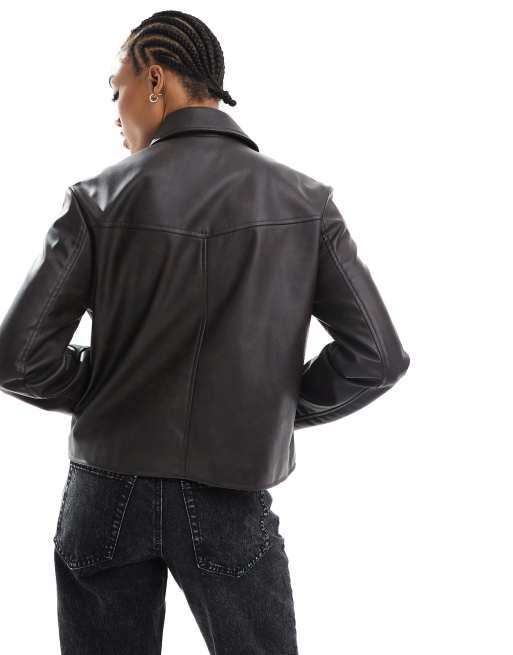 ASOS DESIGN Tall leather look top collar jacket in washed brown