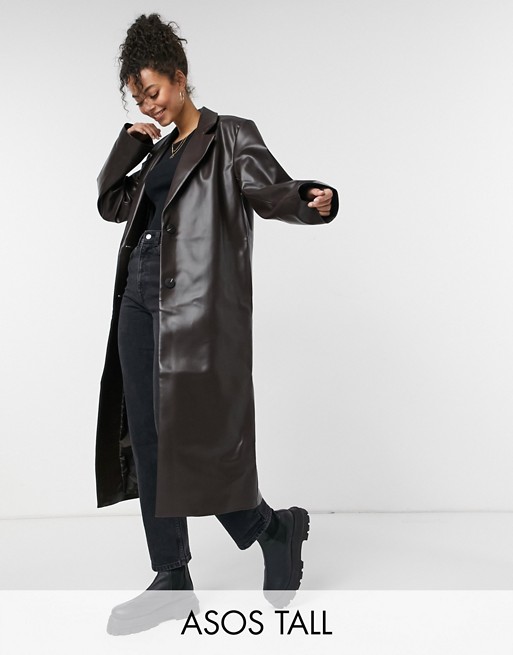 ASOS DESIGN Tall leather look trench coat in brown