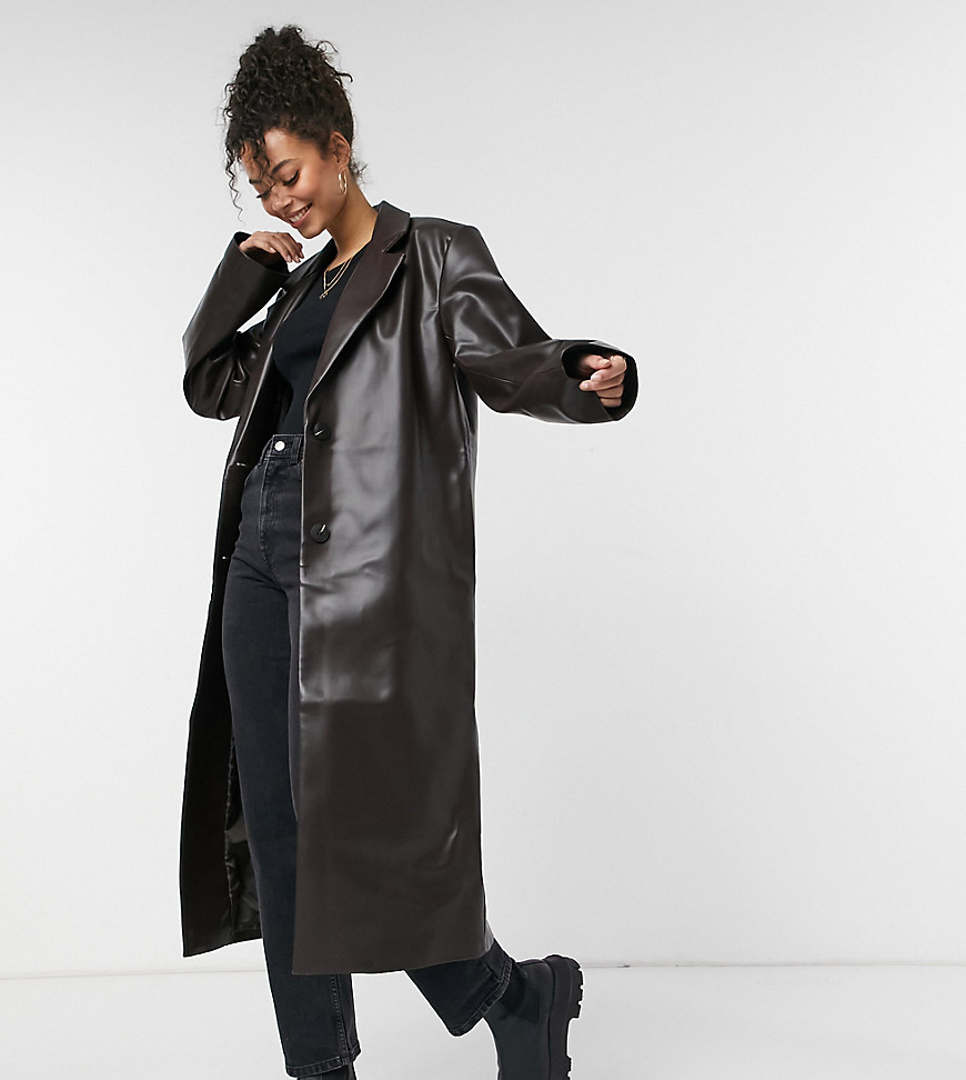 ASOS DESIGN Tall leather look trench coat in brown