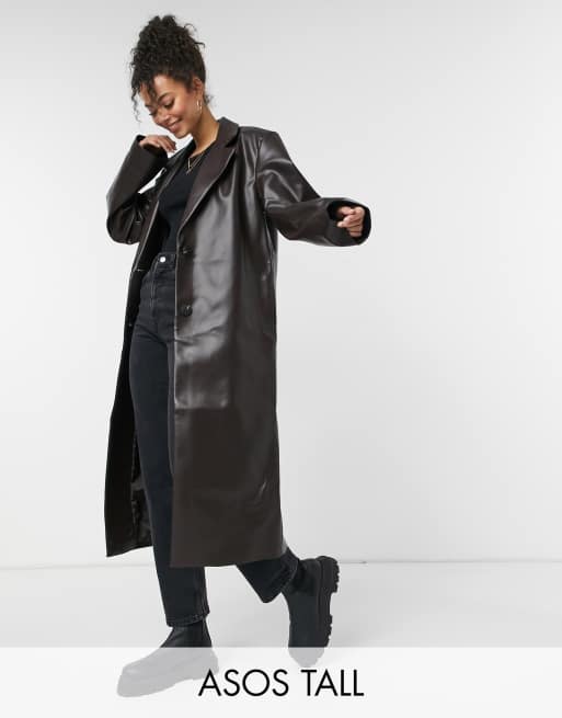 ASOS DESIGN Tall leather look trench coat in brown ASOS