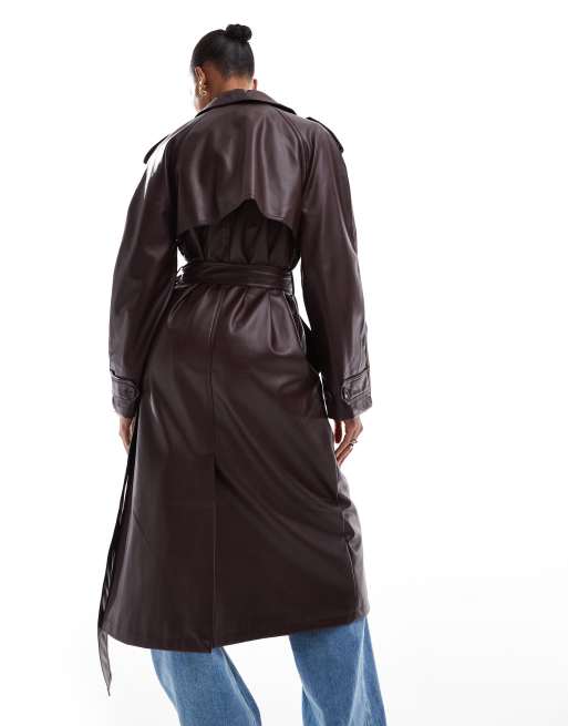 Burgundy Trench Leather Look Trench Petite Tailored Faux Leather