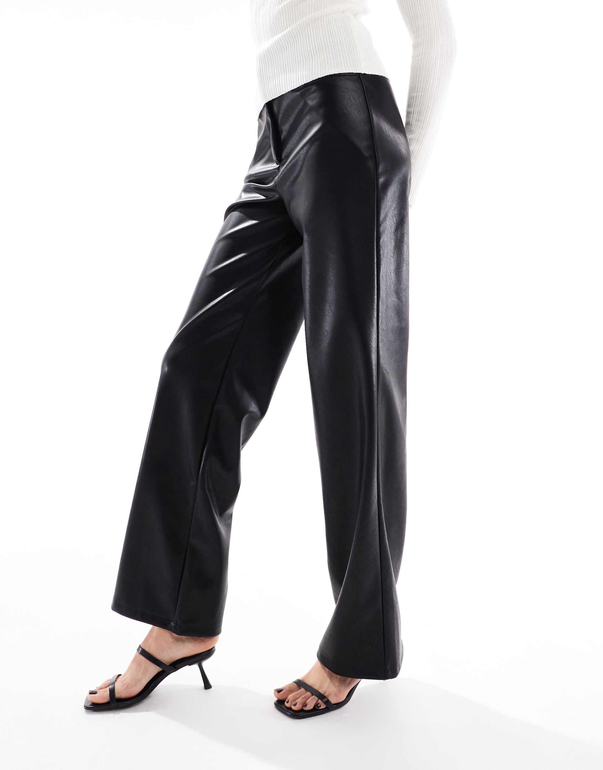 asos design tall leather look wide leg pants in black