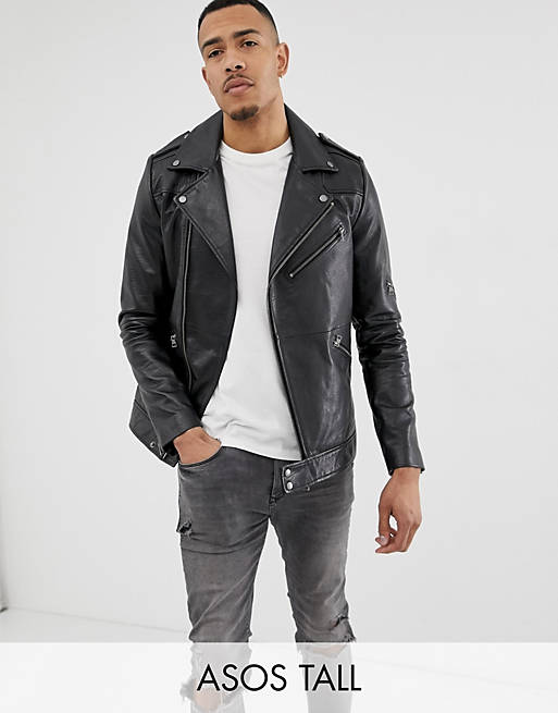 ASOS DESIGN Tall leather racing biker jacket in black | ASOS