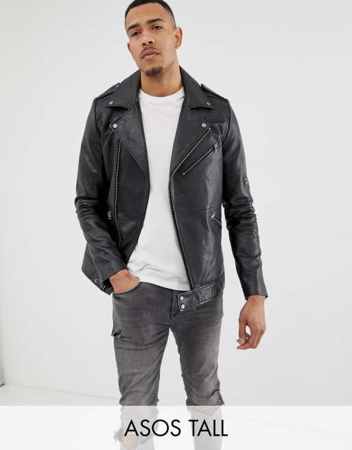 ASOS DESIGN Tall leather racing biker jacket in black