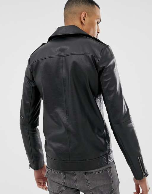 Asos Design Tall Leather Racing Biker Jacket In Black Asos
