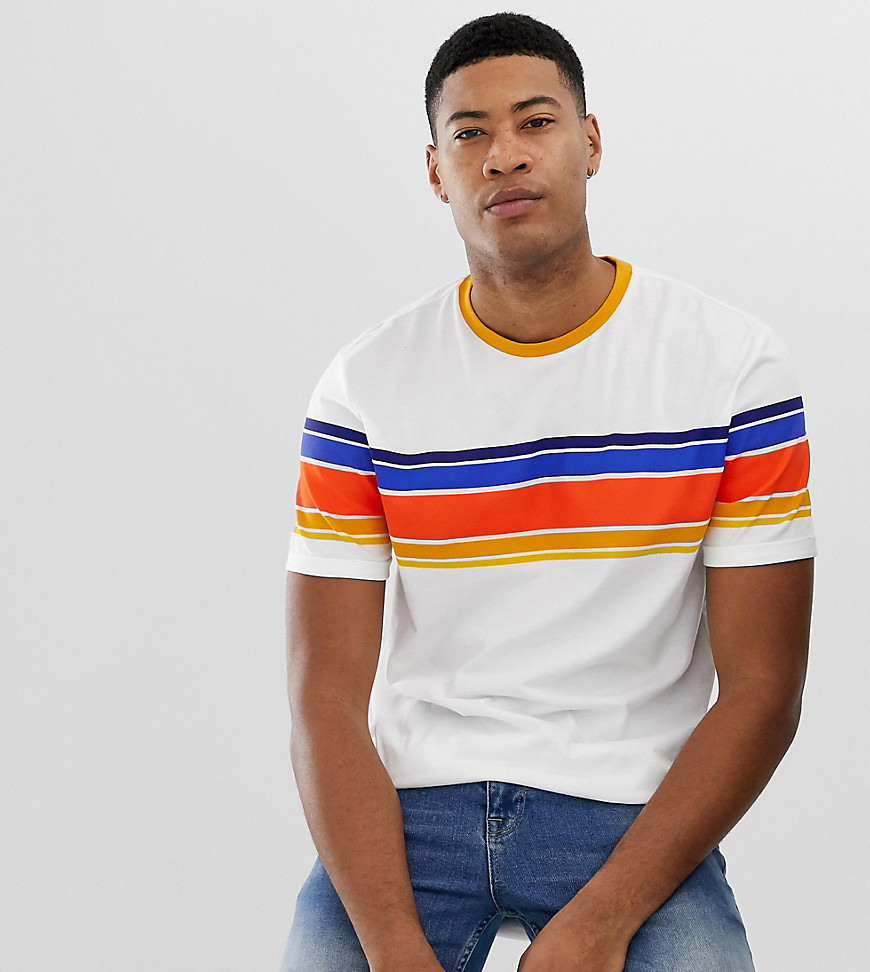 Asos Design Tall – Legeres T-Shirt Aus Bio-Baumwolle Mit Breiten Retro-Streifen Und Rollärmeln- Weiß S Lang