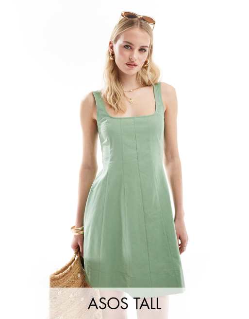 ASOS DESIGN Tall – Letnia sukienka tenisowa mini z ozdobnymi szwami w kolorze khaki