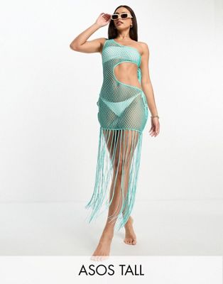 ASOS DESIGN Tall light knit one shoulder midi beach dress with fringing in aqua blue