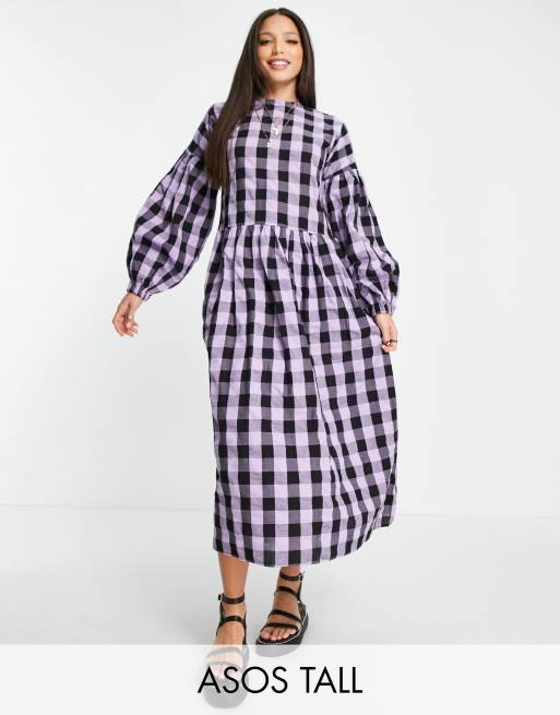 ASOS DESIGN Tall – Lila ginghamrutig midiklänning i oversize med smock och sänkt axelsöm