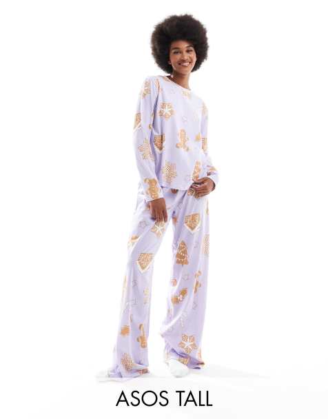 ASOS DESIGN Tall – Lila, pepparkaksmönstrad pyjamas med långärmad topp och byxor - view 1
