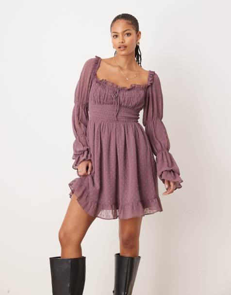 ASOS DESIGN Tall - Lilla langærmet milkmaid-minikjole med rynket talje i dobby - view 1