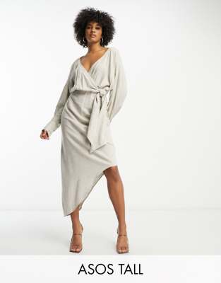 ASOS DESIGN Tall linen batwing tie side midi dress with asymmetric skirt in natural-Neutral