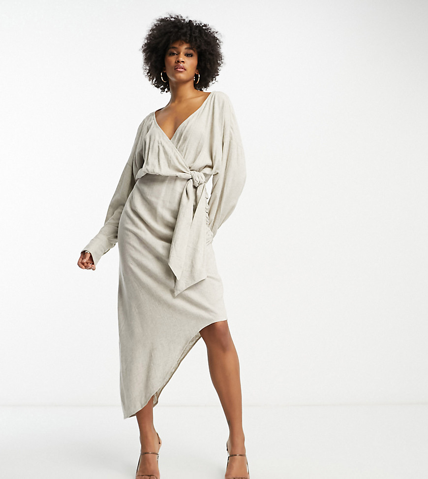 Asos Tall Asos Design Tall Linen Batwing Tie Side Midi Dress With Asymmetric Skirt In Natural-neutral