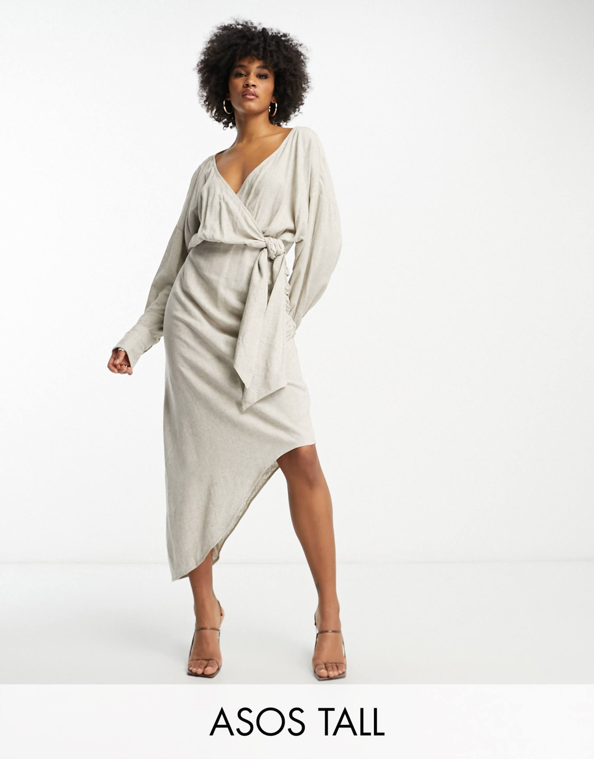 asos design tall linen batwing tie side midi dress with asymmetric skirt in natural