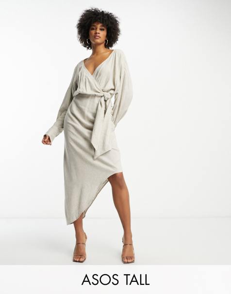 ASOS DESIGN Tall linen batwing tie side midi dress with asymmetric skirt in natural 