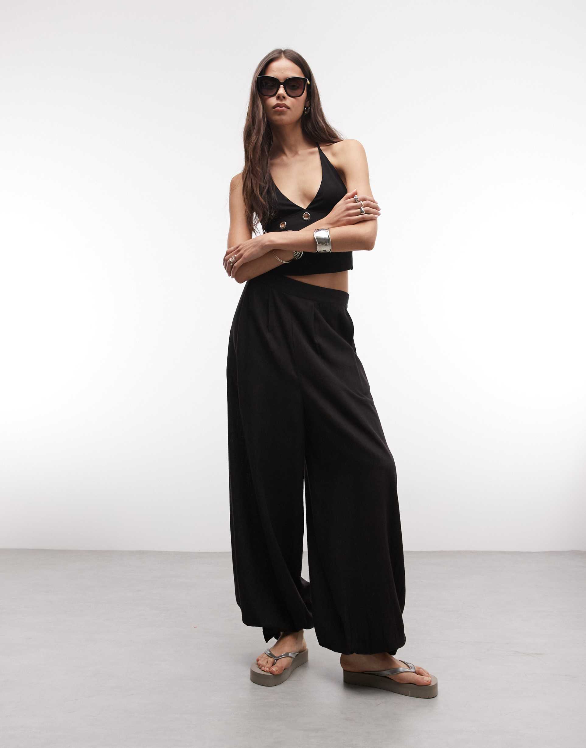 asos design tall linen blend balloon pants in black