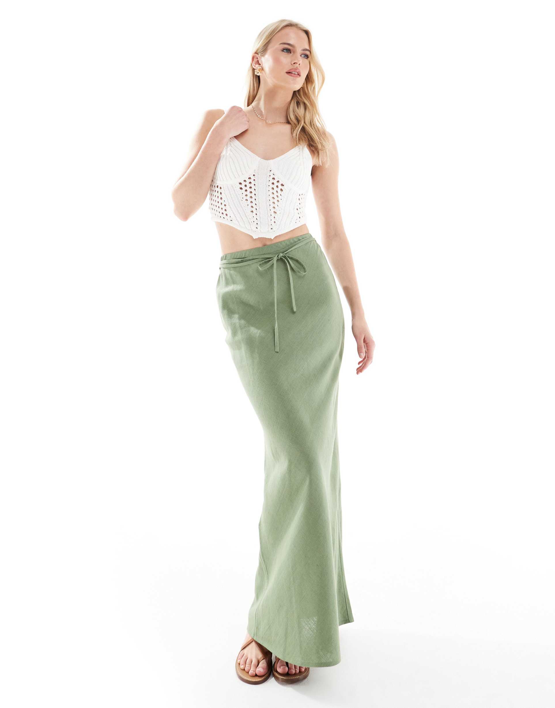 asos design tall linen blend bias cut maxi skirt in sage