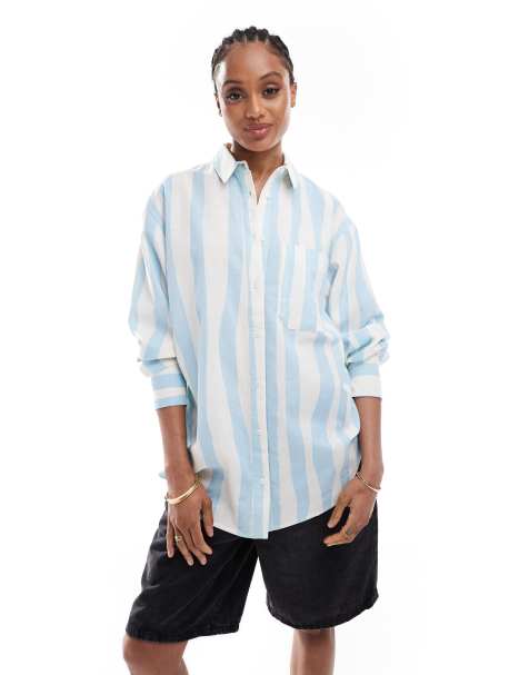 ASOS DESIGN Tall linen blend oversized shirt in blurred stripes - view 1
