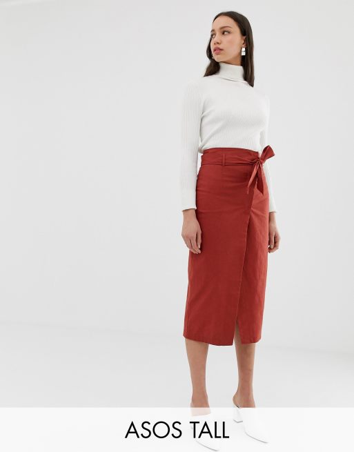 ASOS DESIGN Tall linen column wrap skirt