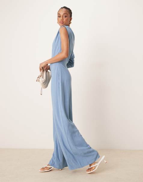 ASOS DESIGN Tall linen fallen shoulder jumpsuit in faded denim - view 1
