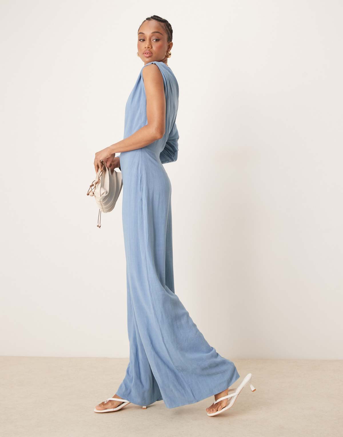 ASOS DESIGN Tall linen fallen shoulder jumpsuit in faded denim