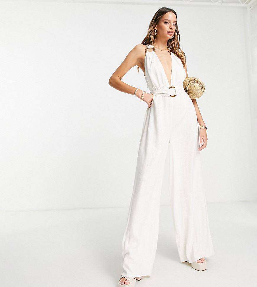 asos design tall linen halterneck jumpsuit with wide leg and ring detail in white