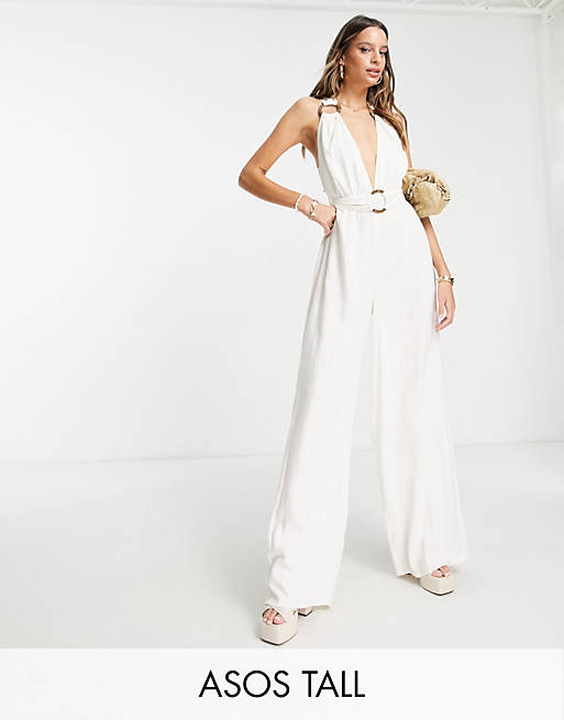 lexicon Grijp Poëzie ASOS DESIGN Tall linen halterneck jumpsuit with wide leg and ring detail in  white | ASOS