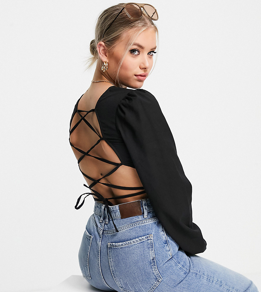 ASOS DESIGN Tall linen long sleeve top with strappy back in black