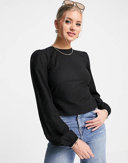  Tall linen long sleeve top with strappy back in black 