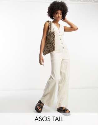Asos Design Tall Linen Look Button Through Jumpsuit In Oatmeal-Neutral