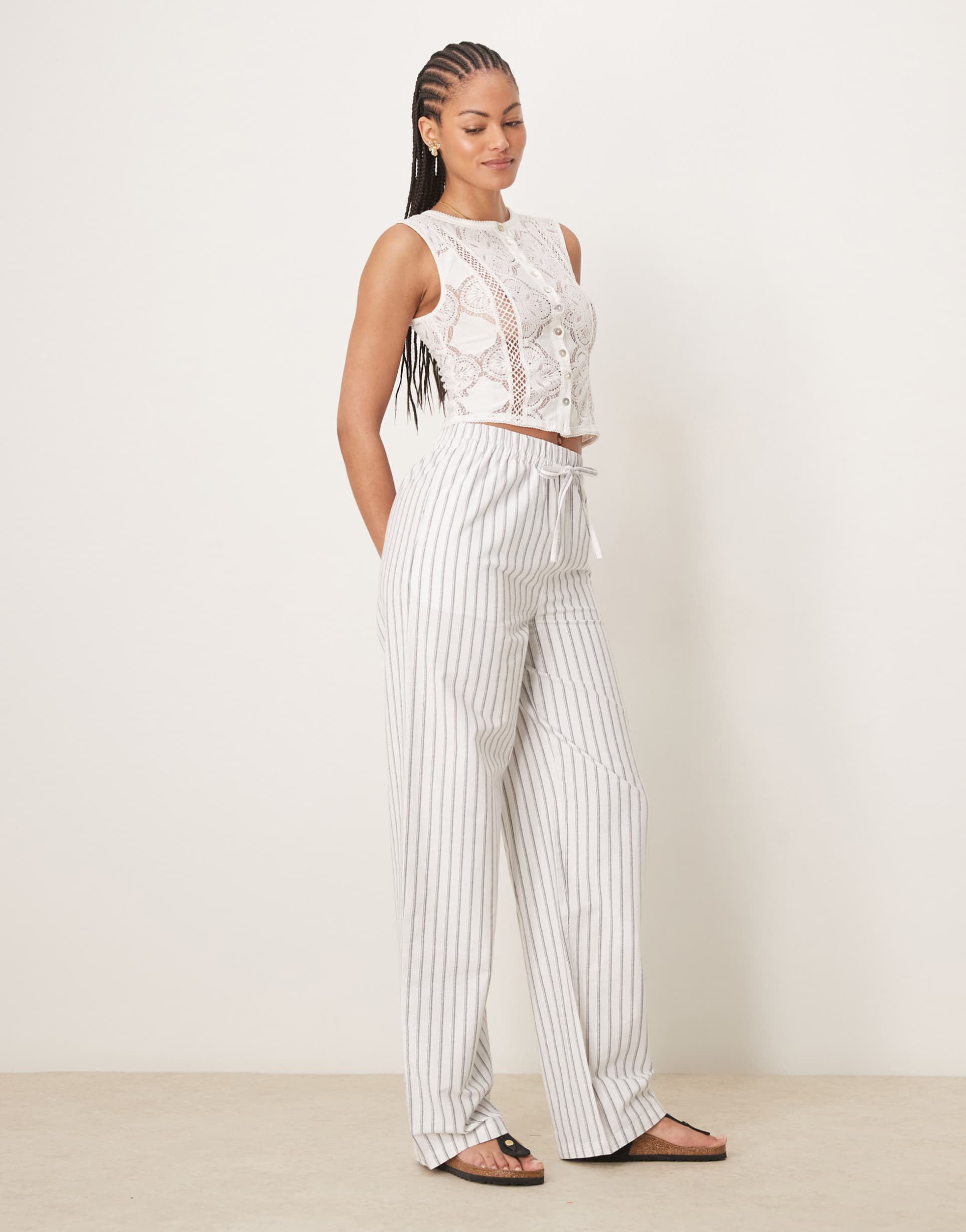 asos design tall linen look pull on pants in black stripe