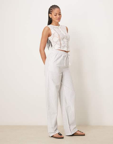 ASOS DESIGN Tall linen look pull on trousers in black stripe