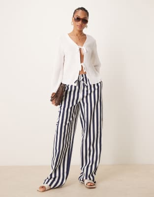 ASOS DESIGN Tall linen look pull on pants in navy stripes-Multi