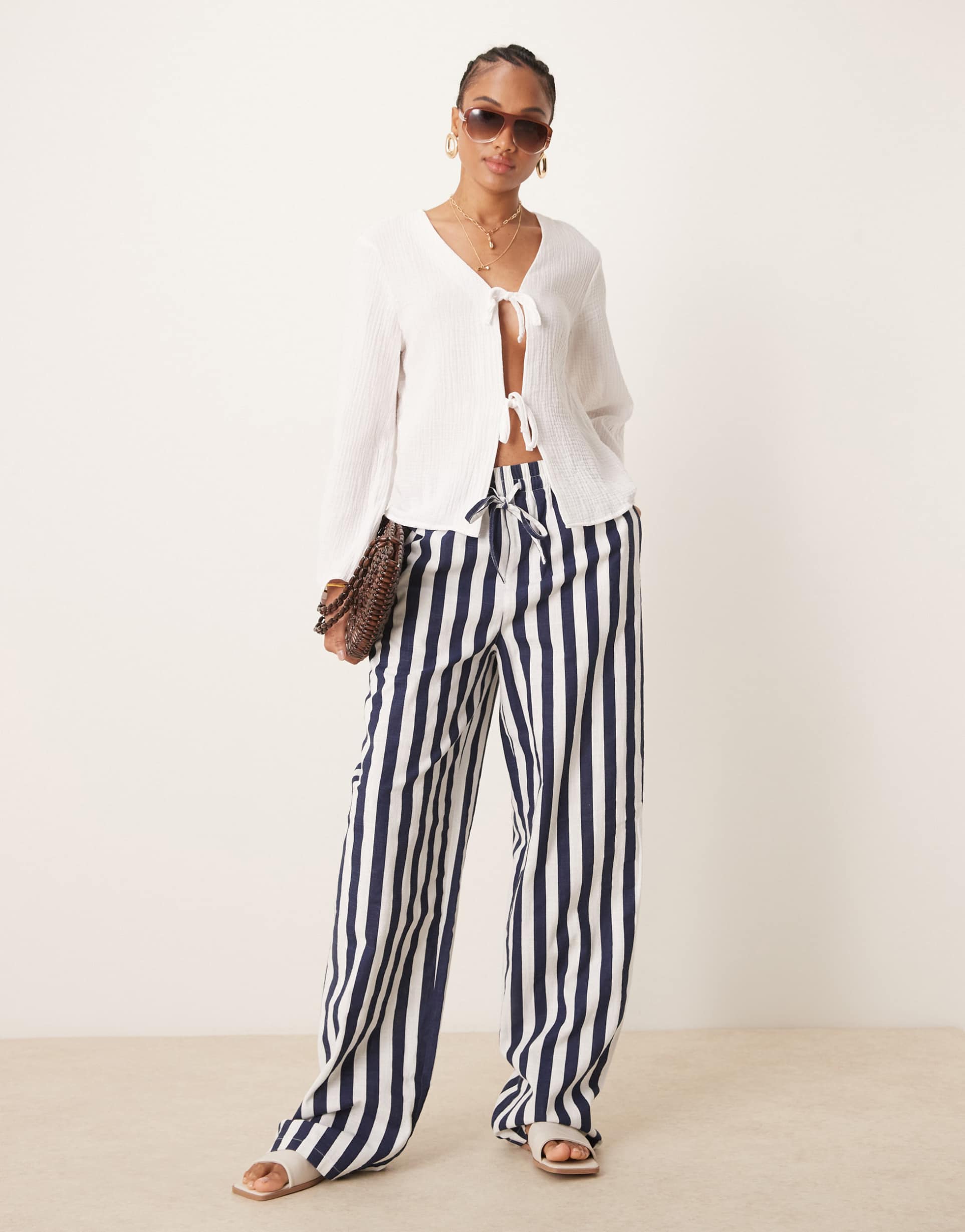asos design tall linen look pull on pants in navy stripes