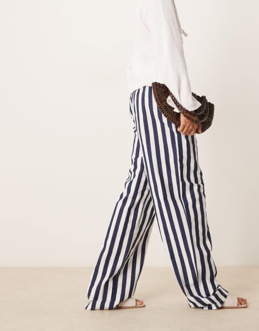 ASOS DESIGN Tall linen look pull on pants in navy stripes , 4 of 5