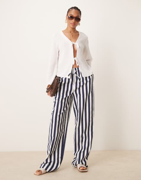 ASOS DESIGN Tall linen look pull on trouser in navy stripe - view 1