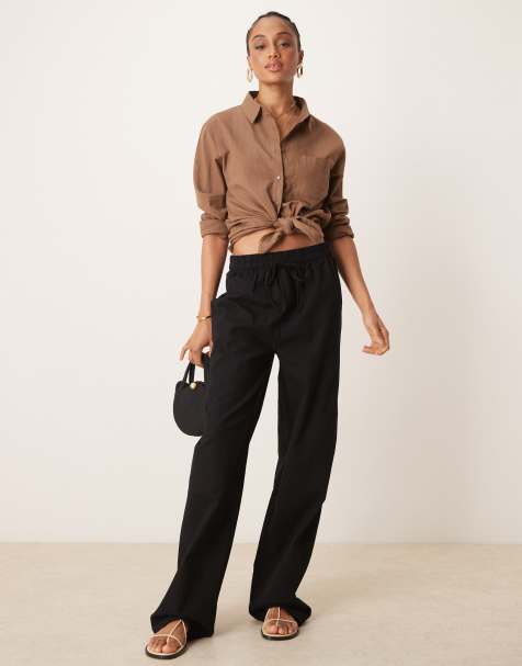 ASOS DESIGN Tall linen look pull on trousers in black  - view 1