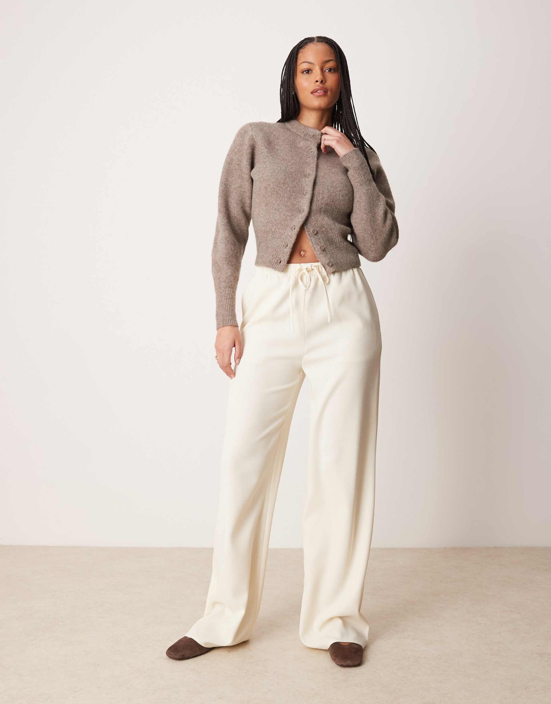 asos design tall linen look tailored tie waist pull on pants in buttermilk